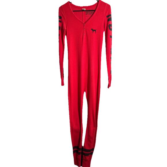 Victoria’s  Secret Pink Rare Red thermal Naughty/Not Nice, one piece v neck pjs - Picture 1 of 9